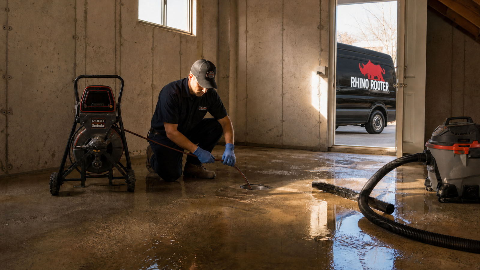 Standing water from a backed-up sewer drain in a basement