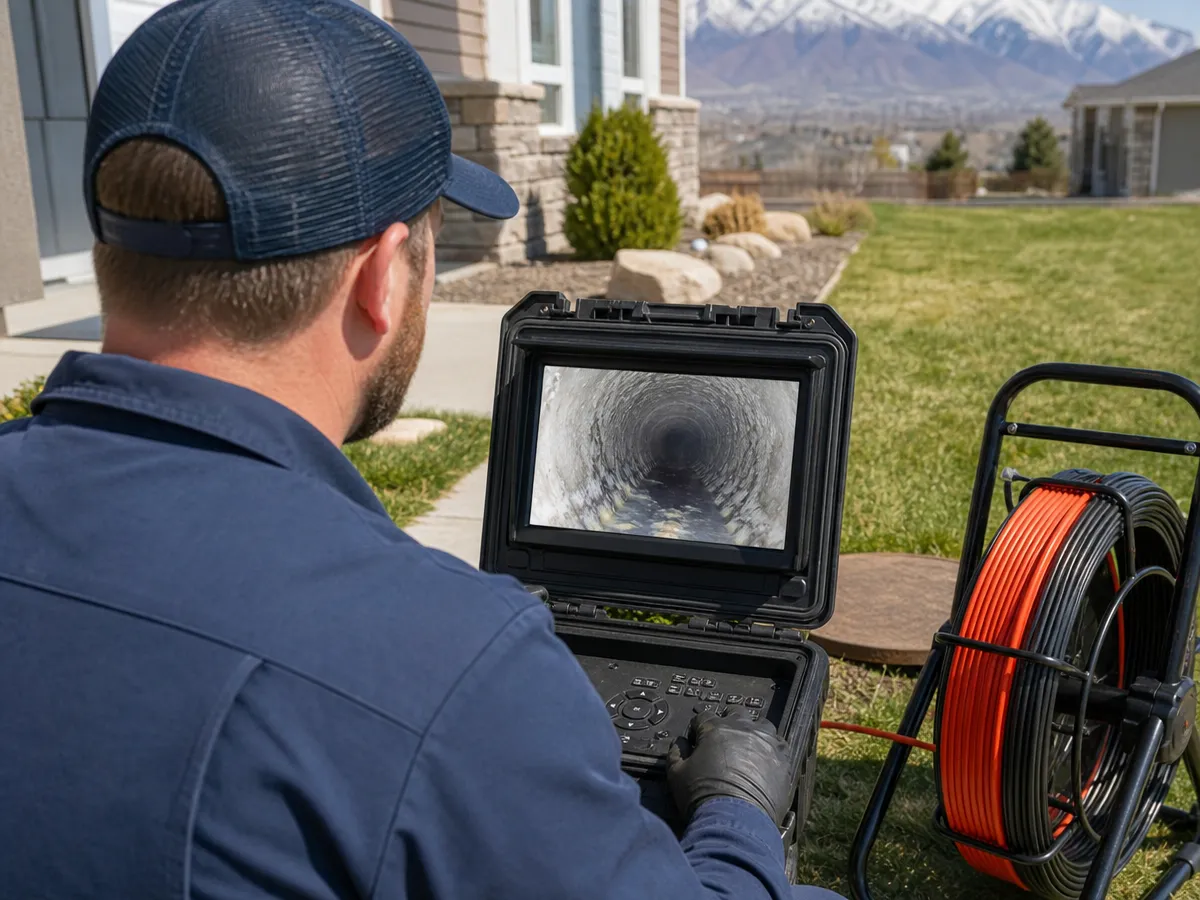 Over-the-shoulder view of a Rhino Rooter technician watching the sewer camera monitor show the pipe interior, cable reel alongside