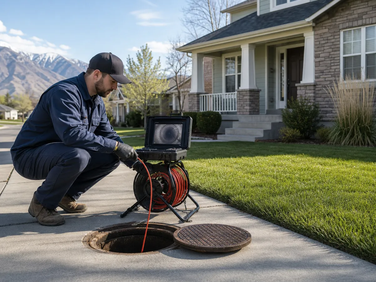 Rhino Rooter technician crouched at a driveway cleanout feeding the sewer camera, monitor open beside him, Wasatch mountains behind an Ogden home