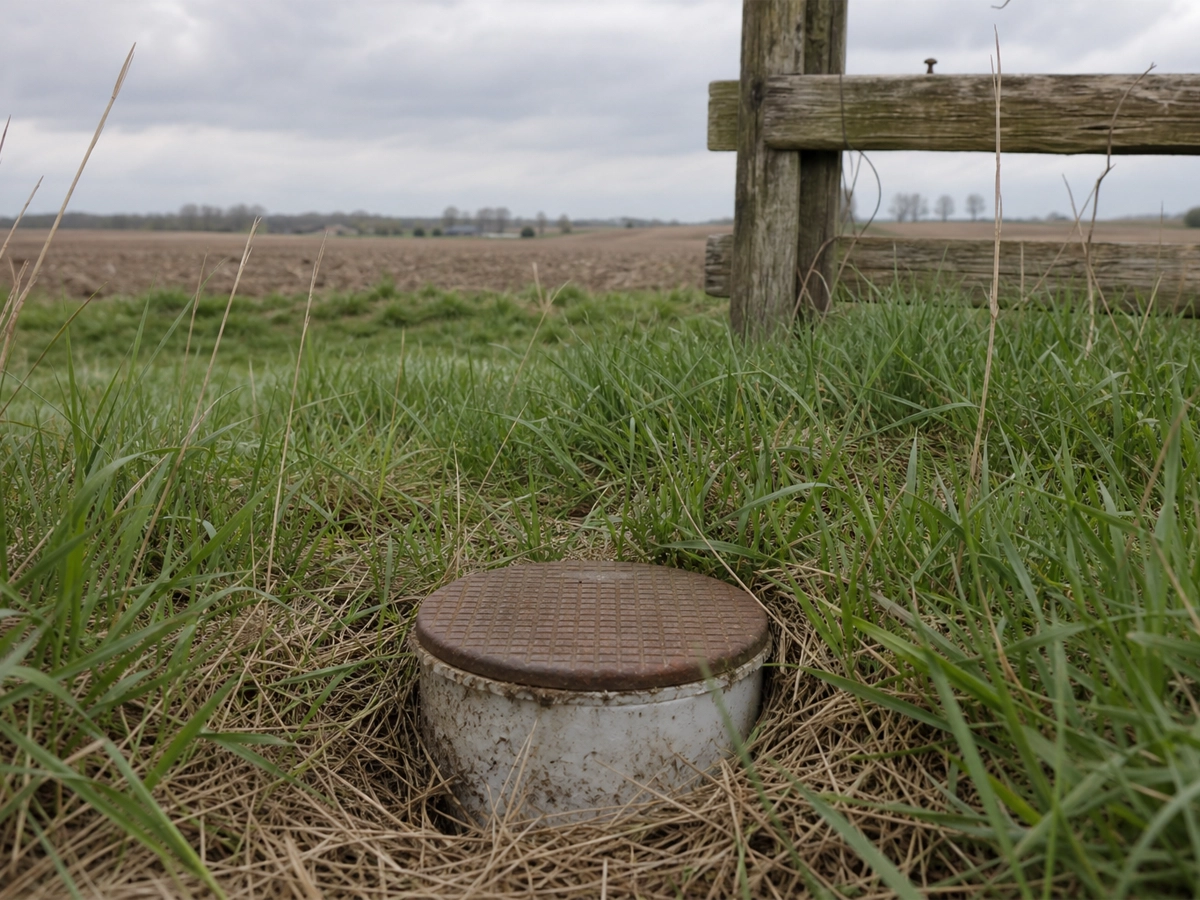 Sewer cleanout riser with a rusted cap sitting in rough grass at the edge of a ploughed field, a weathered fence post beside it