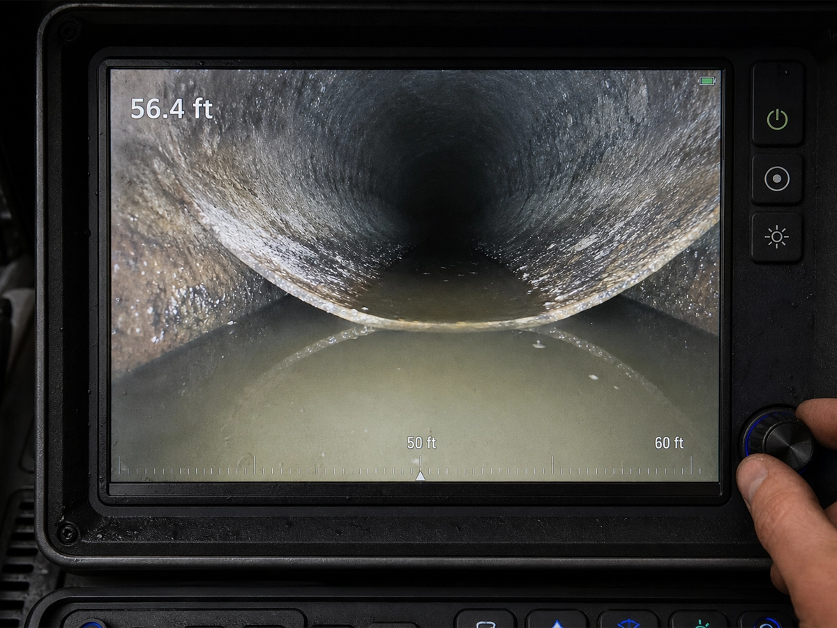 Sewer camera monitor showing standing water pooled in a low spot of the pipe, the distance counter reading 56.4 feet along the run