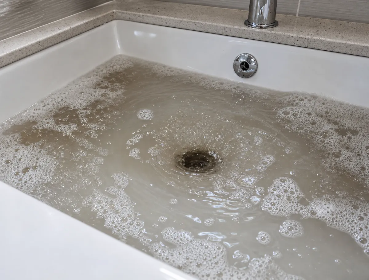 Sink filled with murky standing water draining slowly, a common early sign of a blocked sewer line