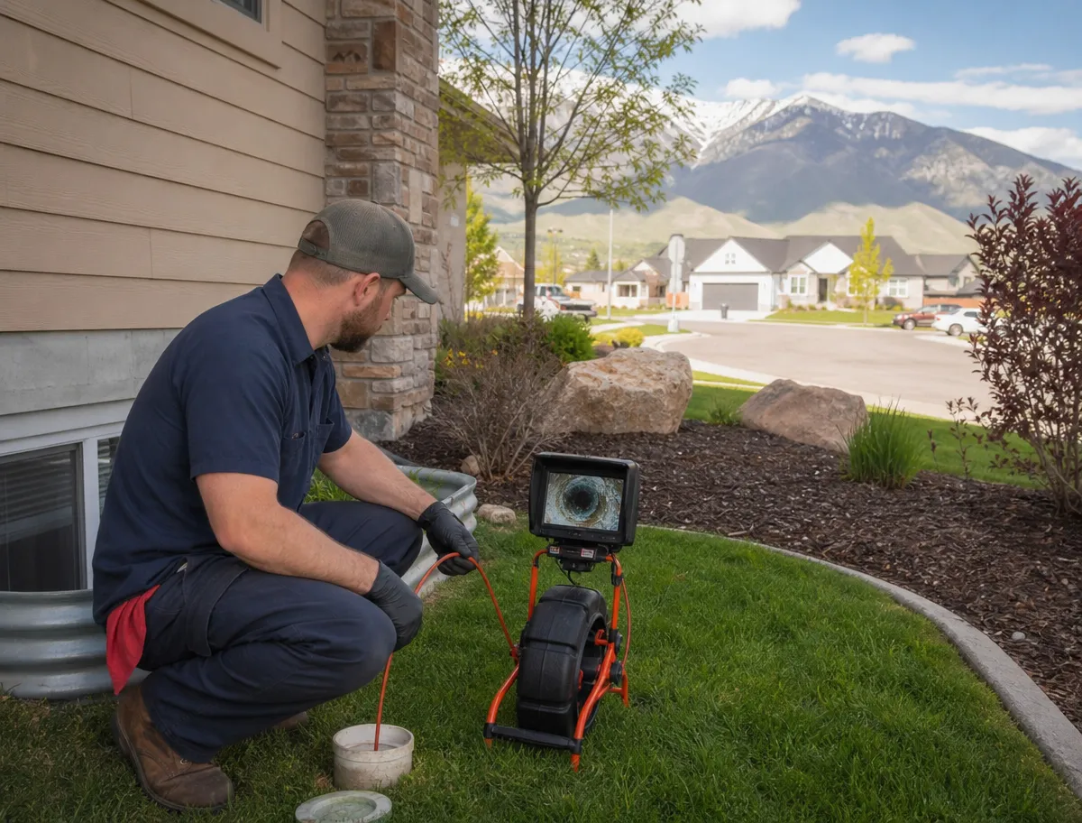 Technician crouched beside a Roy home watching the sewer camera monitor show the pipe interior, cul-de-sac and mountains behind
