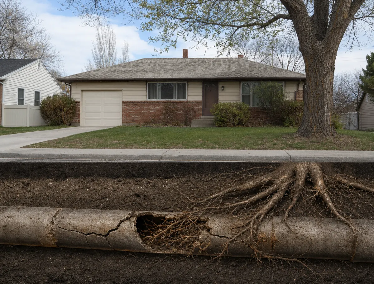 Cutaway below a mid-century West Haven home showing tree roots invading a cracked clay sewer lateral