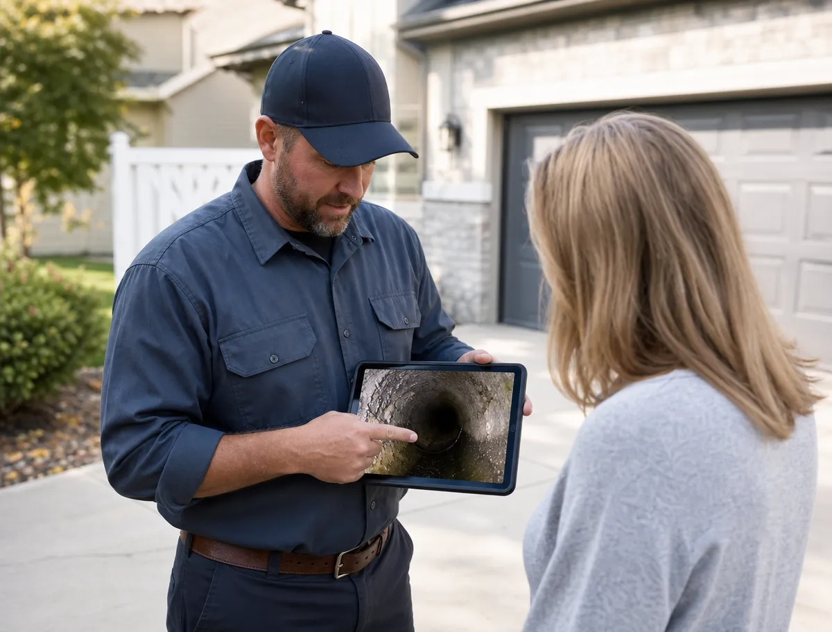 Rhino Rooter technician showing a West Haven homeowner the sewer camera footage on a tablet in the driveway