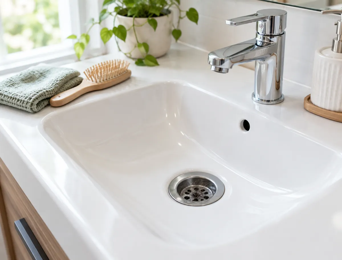 Clean bathroom basin with a drain strainer in place, hairbrush and folded towel on the counter beside it