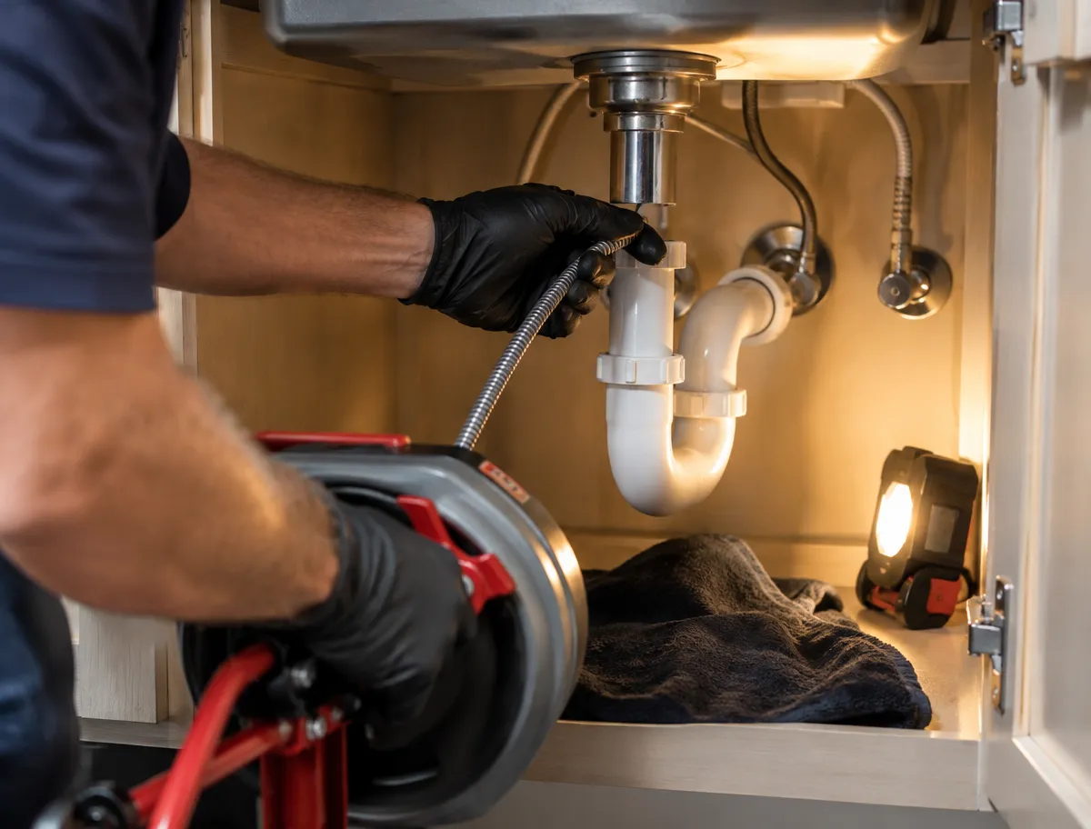 Gloved technician feeding a drain cable from a drum machine into the trap under a kitchen sink, work light and drop towel laid out in the cabinet