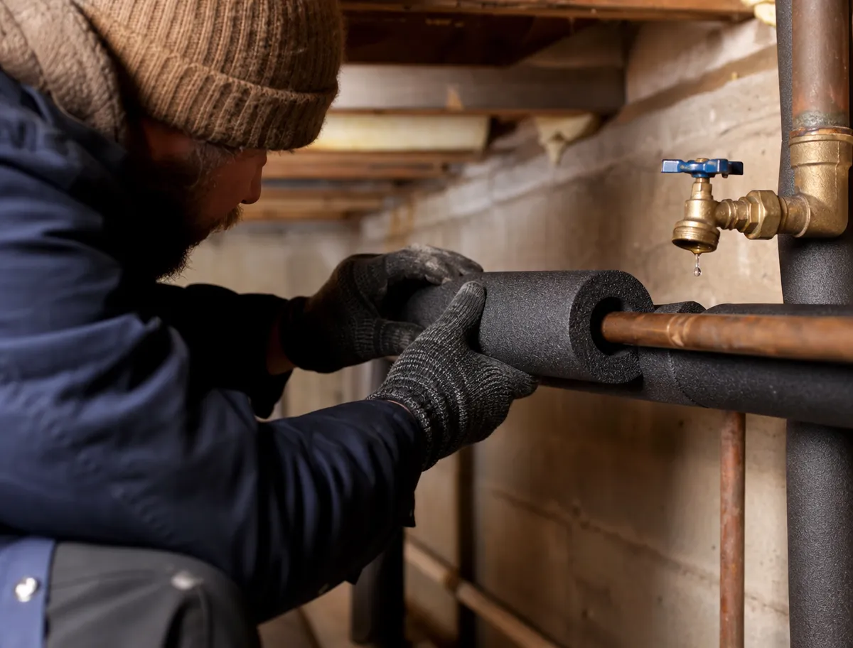 Technician in gloves fitting a foam insulation sleeve onto a copper pipe in a crawl space, beside a slowly dripping spigot