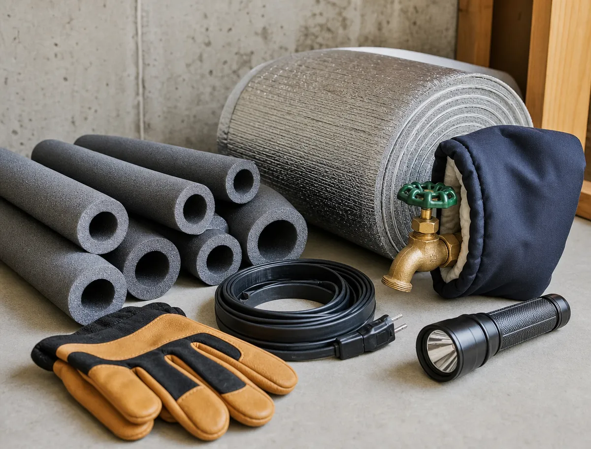 Winter pipe-prep supplies laid out: foam pipe sleeves, a reflective insulation roll, an insulated faucet cover over a brass spigot, heat cable, work gloves and a flashlight