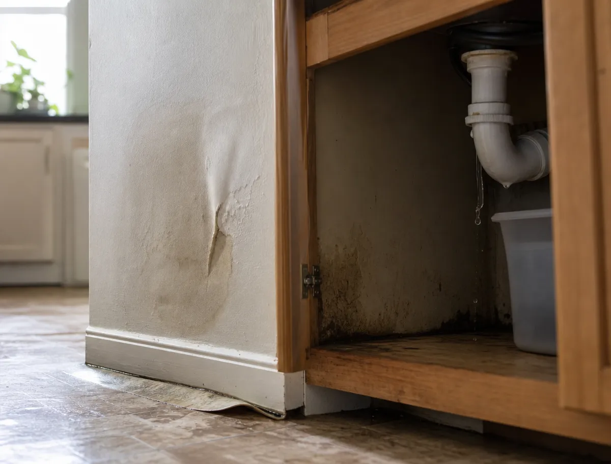 Open under-sink cabinet with a dripping trap, mold spreading across the cabinet base, bubbling paint on the adjacent wall and vinyl flooring lifting at the baseboard