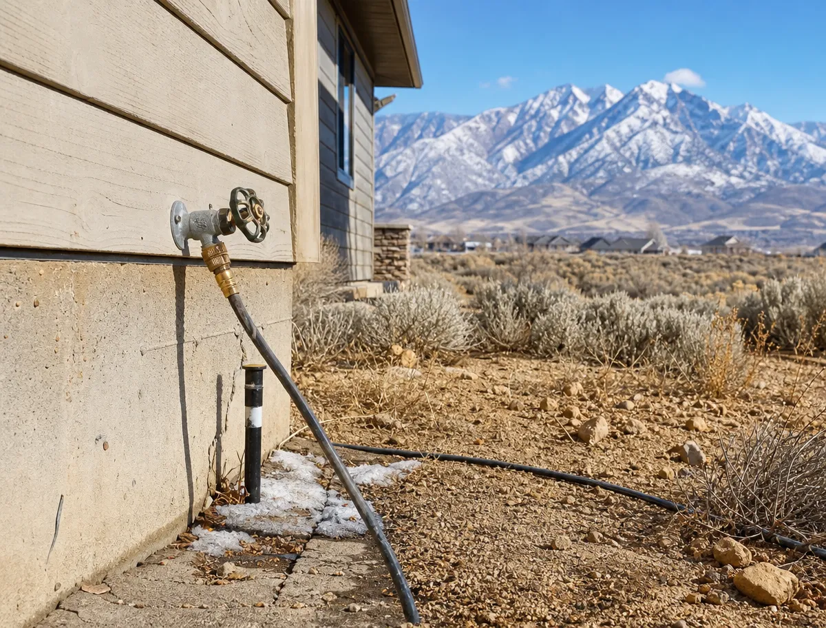 Outdoor hose bib with a hose still attached through winter, ice at the base and a crack running down the concrete foundation, snow-capped Utah mountains behind