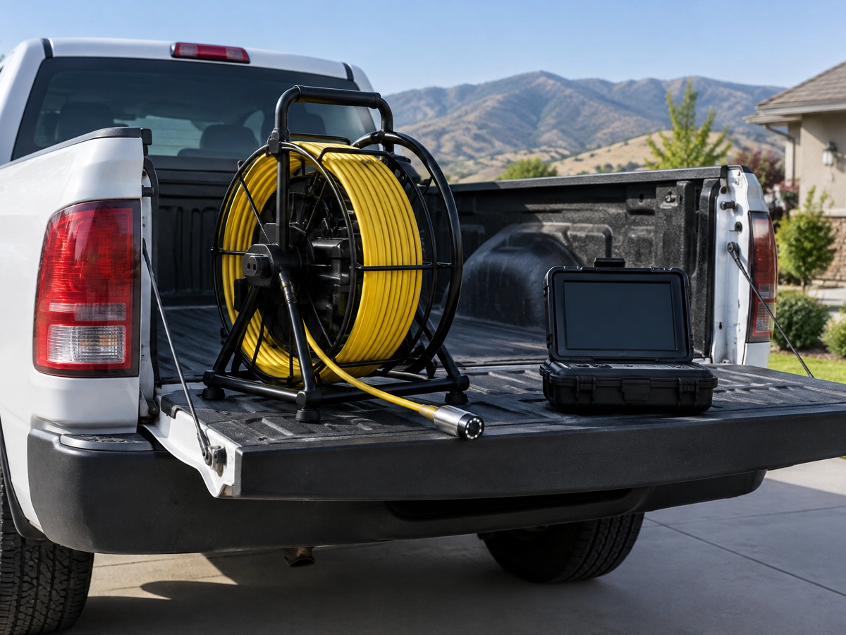 Push-camera reel of yellow inspection cable and a cased monitor on the open tailgate of a white service truck, with the Wasatch foothills behind