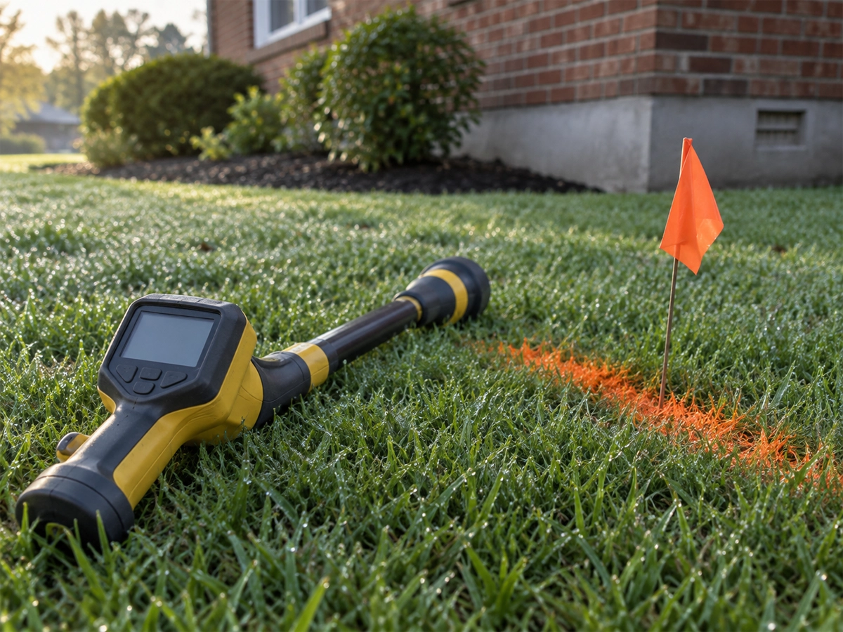 Pipe locator receiver lying on a dew-covered lawn beside an orange paint mark and a marker flag over a sewer line, with a brick house behind