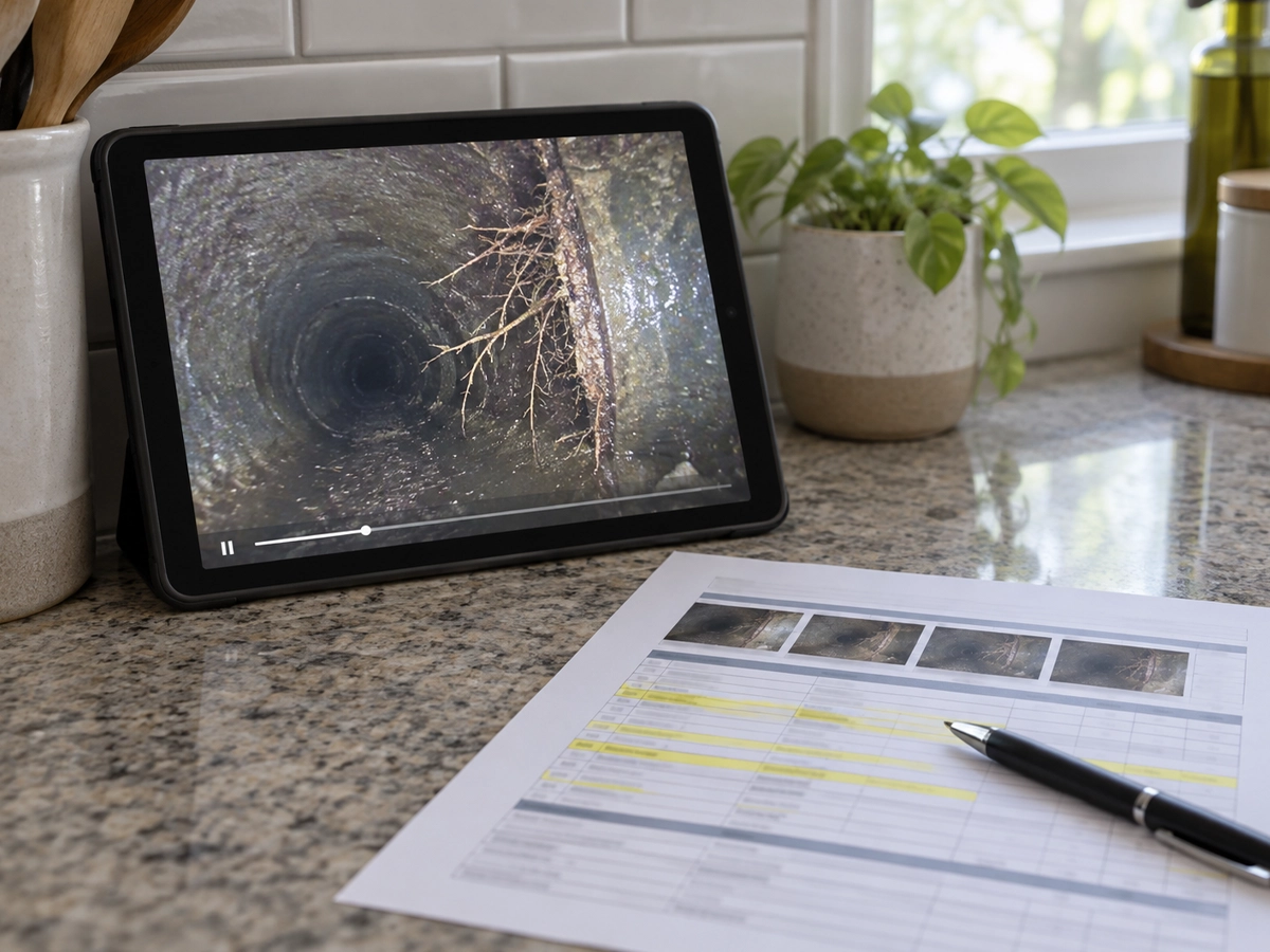 Tablet on a kitchen counter playing a sewer camera recording of tree roots pushing through a pipe joint, beside a printed inspection report with still frames and highlighted findings