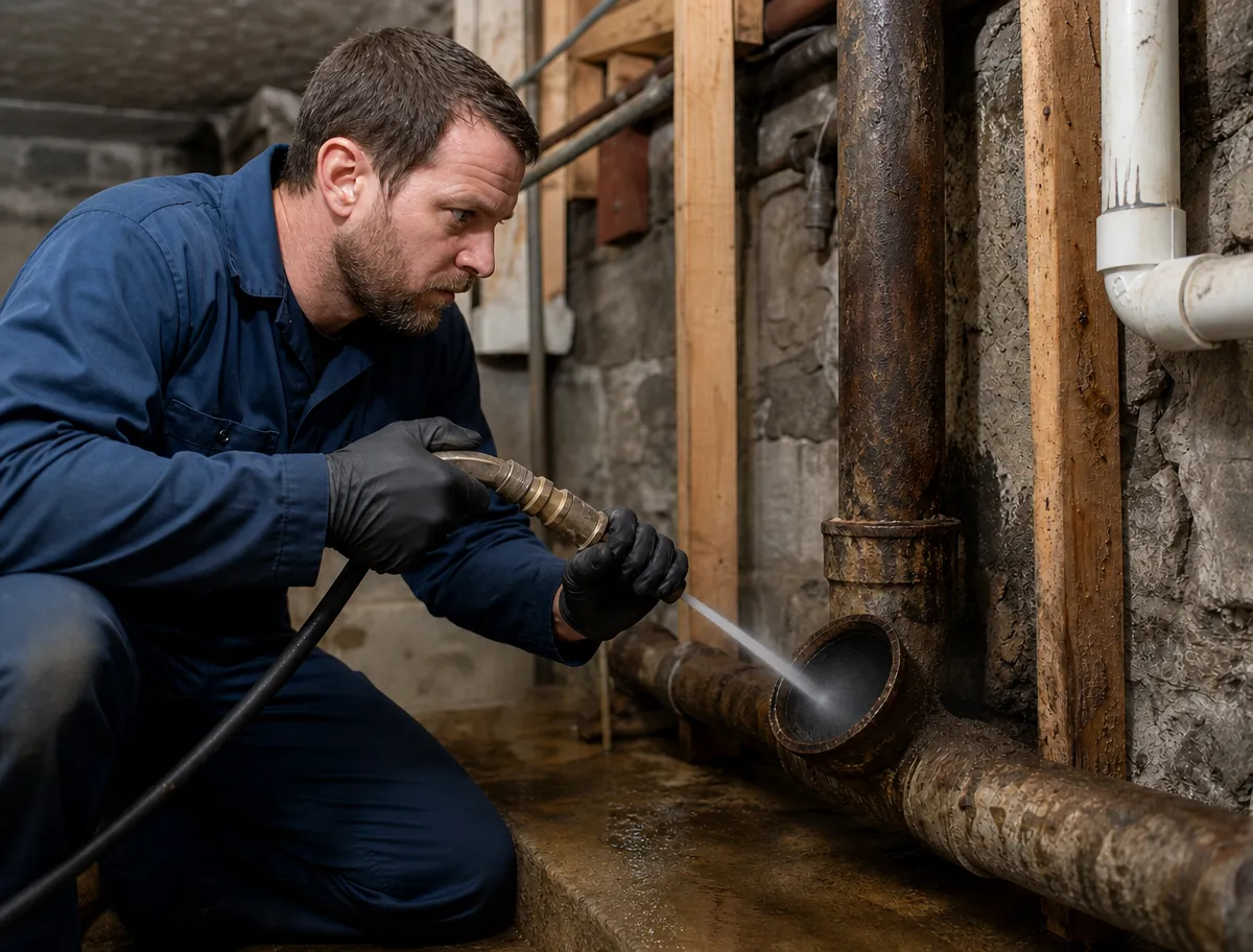 Technician crouched in an older basement directing a jetting nozzle into the open end of a corroded cast-iron drain line, stone foundation wall behind