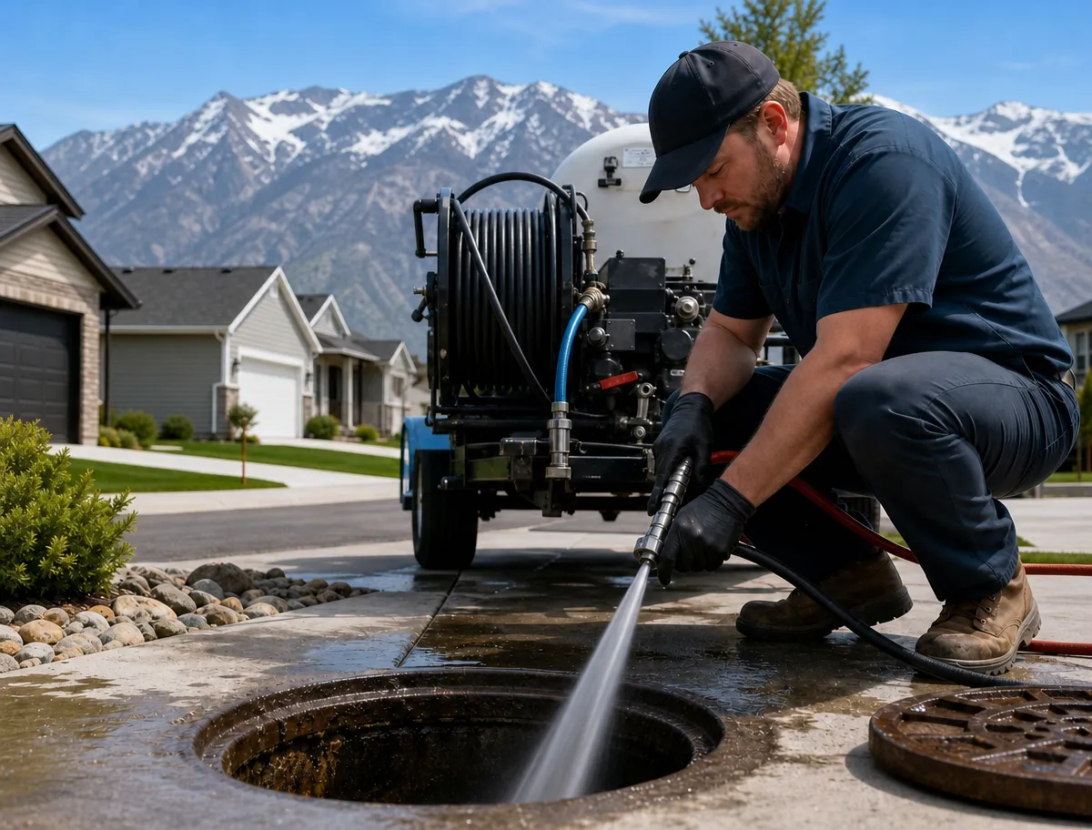 Technician feeding a jetting nozzle into an open driveway cleanout with a trailer-mounted jetter behind him, an Ogden street and the snow-capped Wasatch range in the background