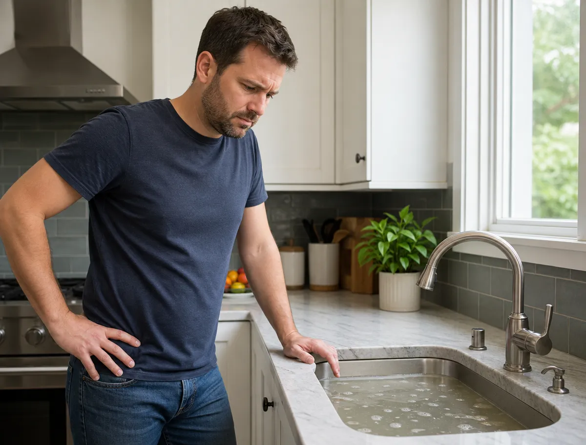 Homeowner standing at a kitchen sink filled with murky standing water, looking down at the blocked drain
