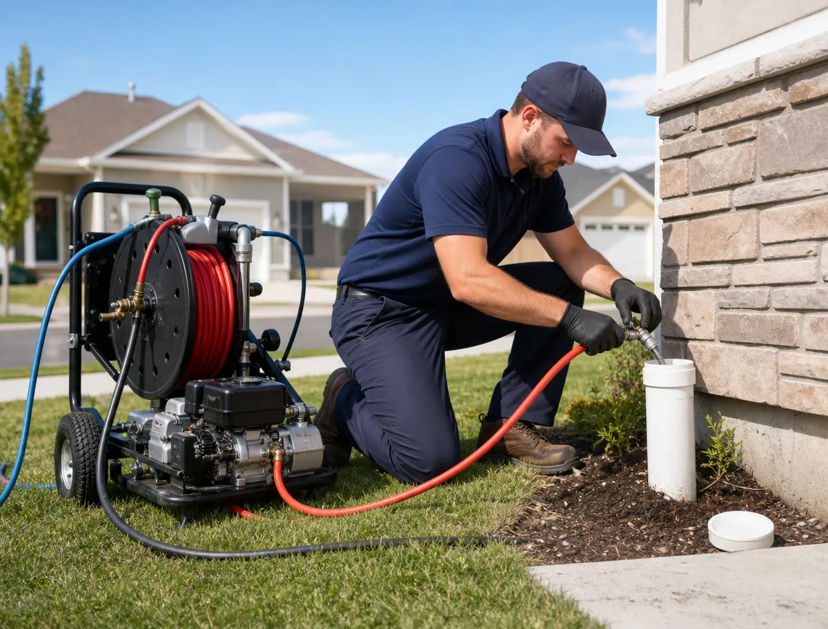 Technician kneeling beside a house feeding a jetting hose into a white cleanout riser, a portable jetter cart with a red hose reel on the lawn and a suburban street behind