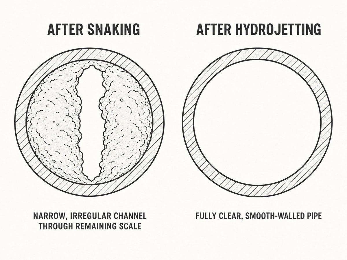 Two pipe cross-sections compared: after snaking, heavy mineral scale remains on the walls with only a narrow irregular channel cut through the middle; after hydrojetting, the pipe is fully clear with smooth walls