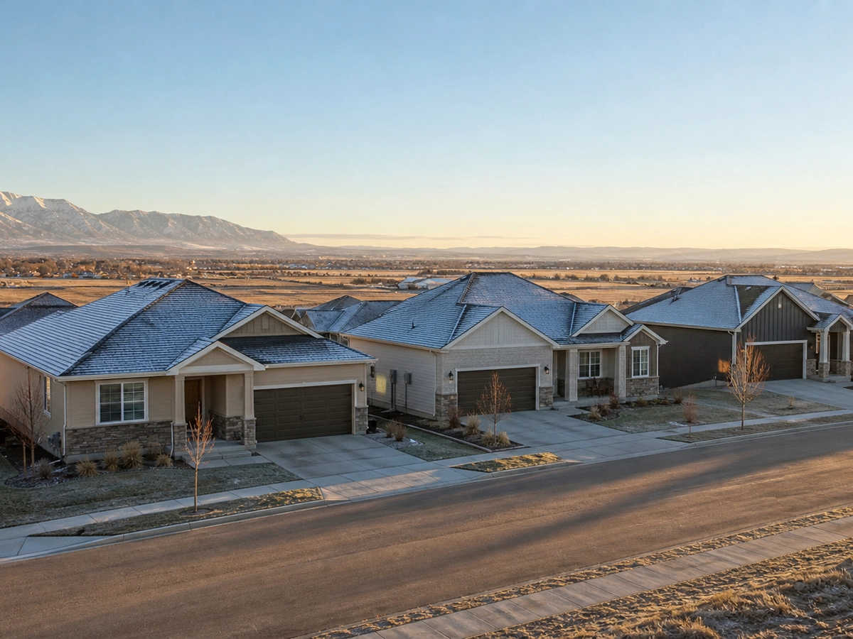 Row of newly built single-story homes in a West Haven subdivision at sunrise, frost on the rooftops and the snow-capped Wasatch range across the valley behind them