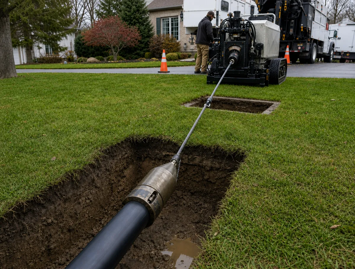 Pipe bursting underway across a lawn: a cable from a tracked hydraulic winch at one small access pit runs to a bursting head coupled to new black HDPE pipe in a second pit, with no trench opened between them