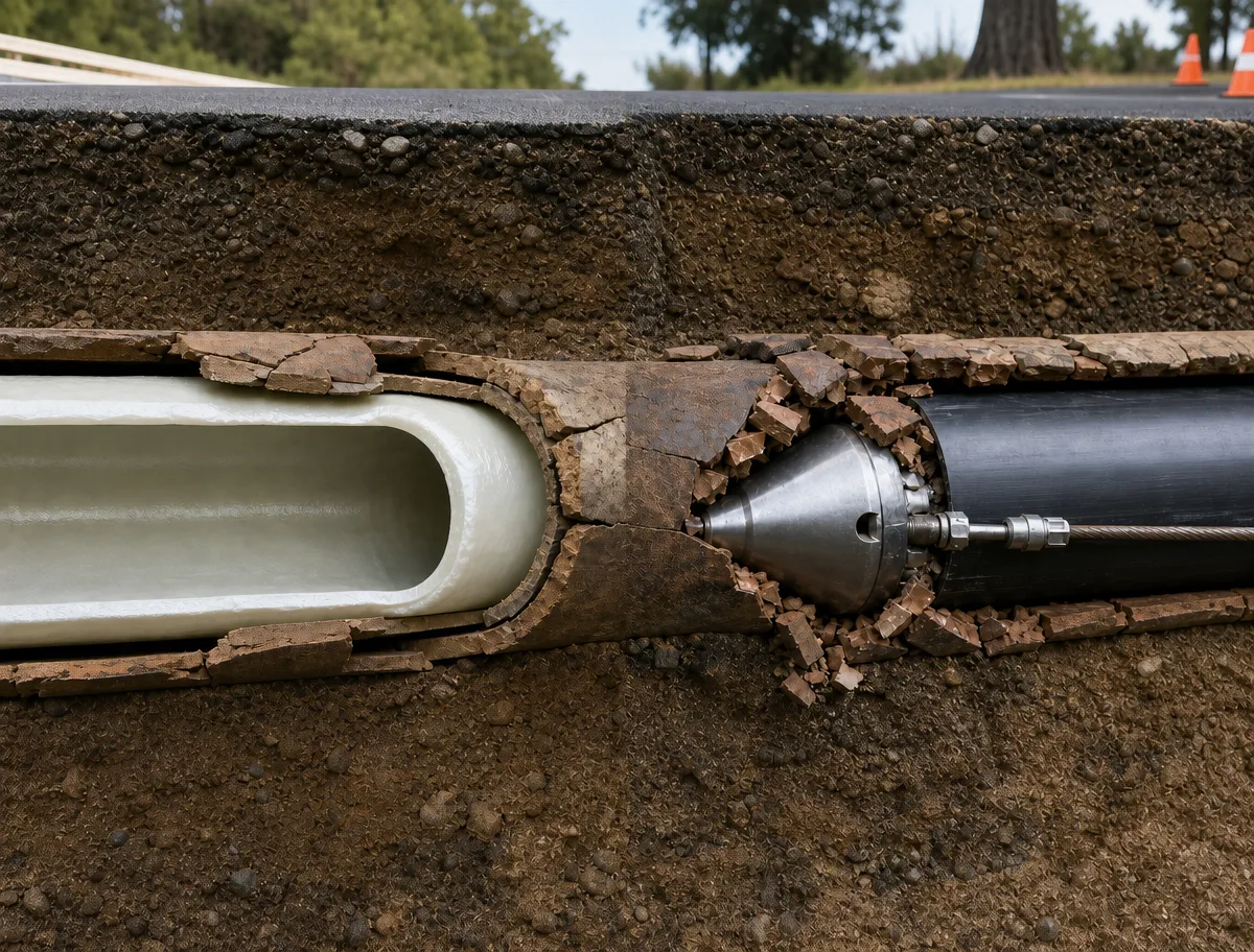 The two trenchless methods compared side by side: a resin liner curing inside an existing pipe, and a bursting head fracturing an old pipe while pulling a new one through