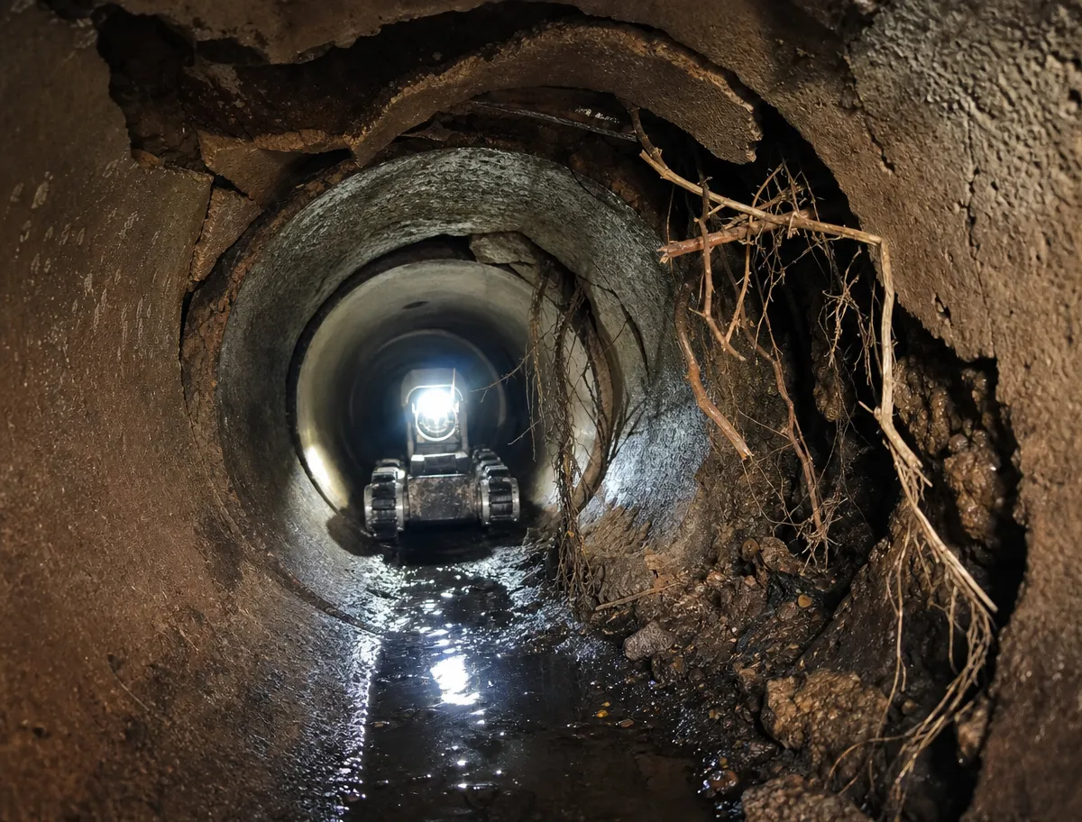 Lit crawler camera inside an aging sewer pipe, with cracked, spalling walls and tree roots pushing through a break in the crown