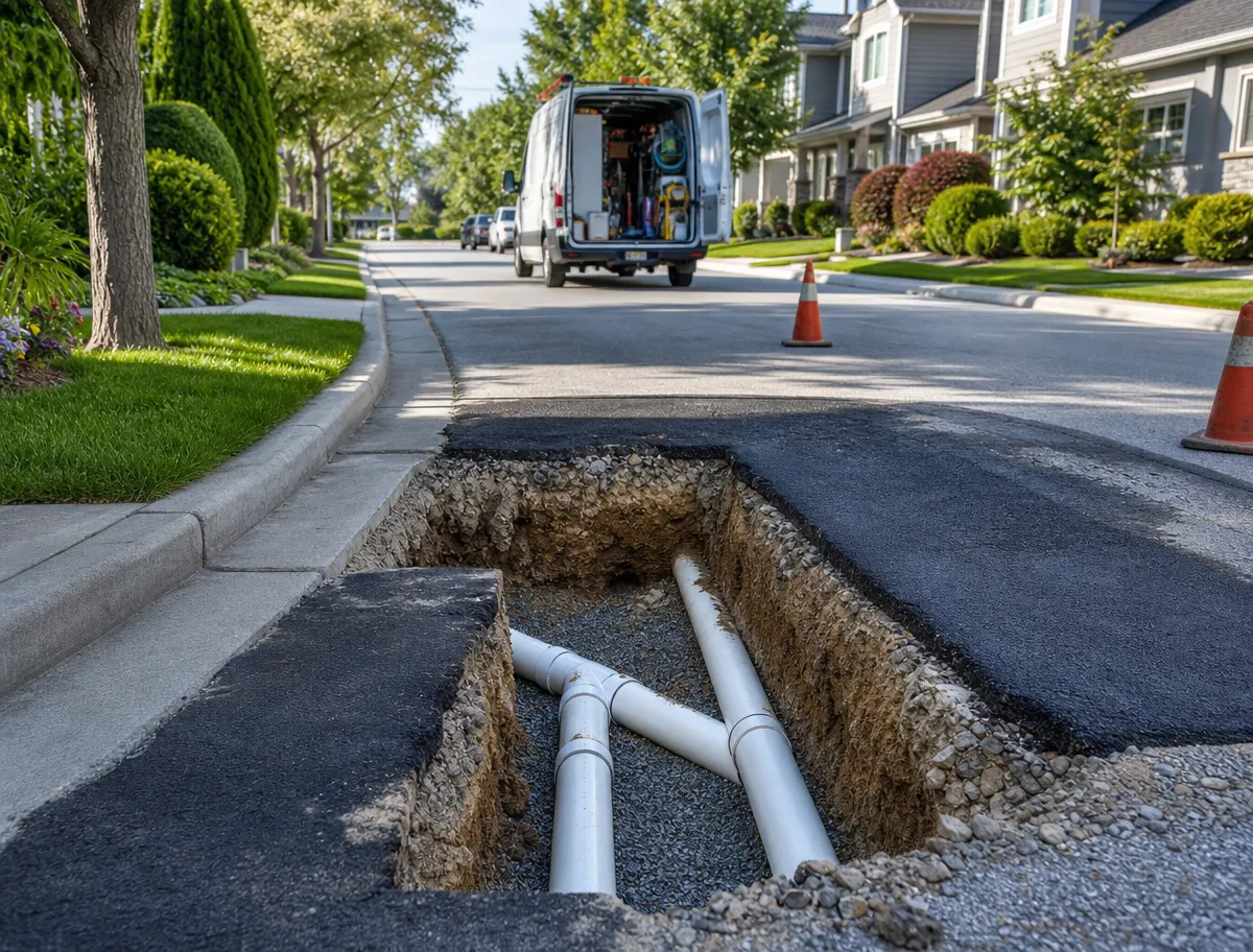 Open trench in a residential street exposing new white PVC sewer pipe on gravel bedding, with a service van and traffic cones behind it