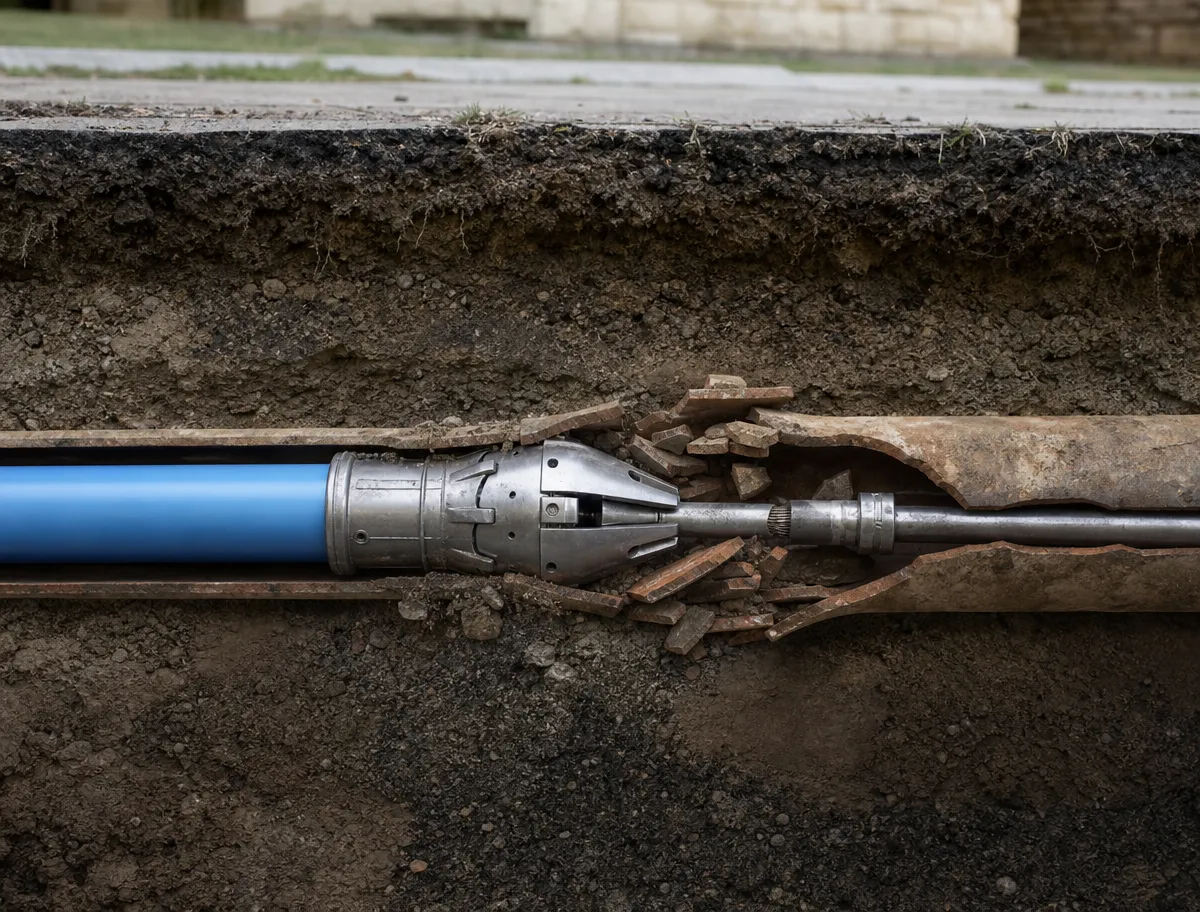 Cutaway view of a bursting head splitting an old clay pipe, fragments displaced into the soil as new blue HDPE pipe follows behind