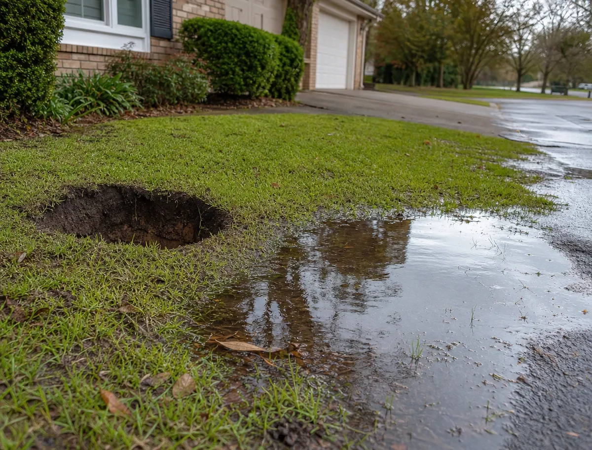 Sunken depression and pooling water on a residential front lawn beside the driveway, signs of a failing sewer line below