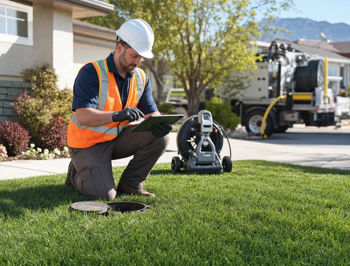 Technician kneeling beside an open cleanout reviewing camera findings on a tablet, the camera reel beside him and a service truck behind, mountains in the background
