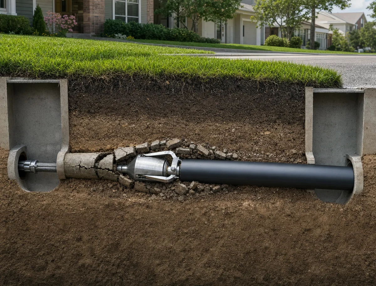 Underground cutaway of a pipe bursting run: a cable from one access pit pulls a conical bursting head that shatters the old clay pipe into fragments while new black HDPE pipe follows behind into the far pit, the lawn above undisturbed