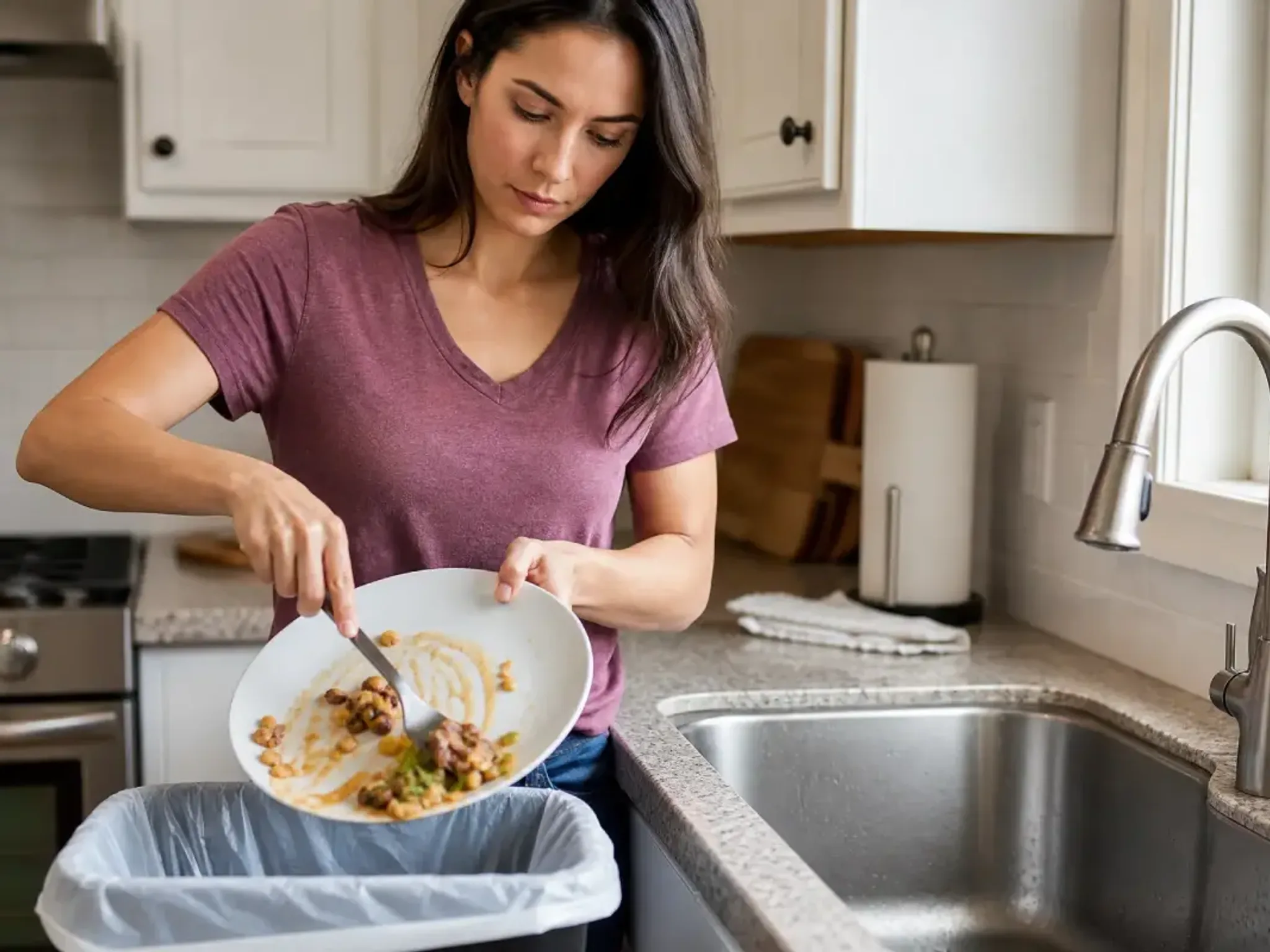 A homeowner scraping food scraps and grease from a plate into the trash can instead of rinsing them down the kitchen sink.