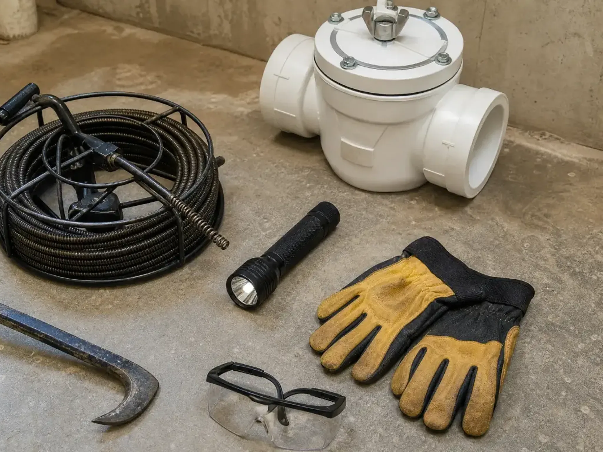 A flatlay of sewer maintenance gear — a drain auger reel, a backwater valve, a flashlight, work gloves, and safety glasses — laid out before an inspection.