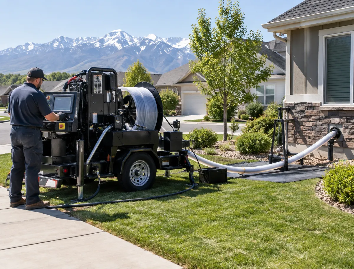 Small trenchless access pit opened in a Weber County front lawn beside an idle backhoe, the surrounding sod, sprinkler heads and driveway left intact