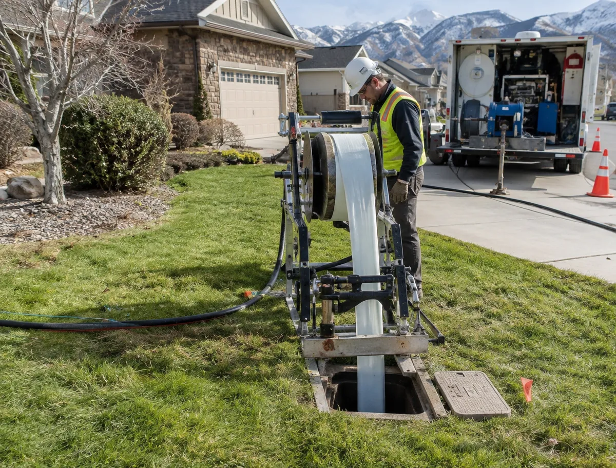 Technician feeding a resin-saturated CIPP liner into a sewer cleanout from an inversion rig on a Utah front lawn, the service truck parked on the driveway and the lawn otherwise untouched