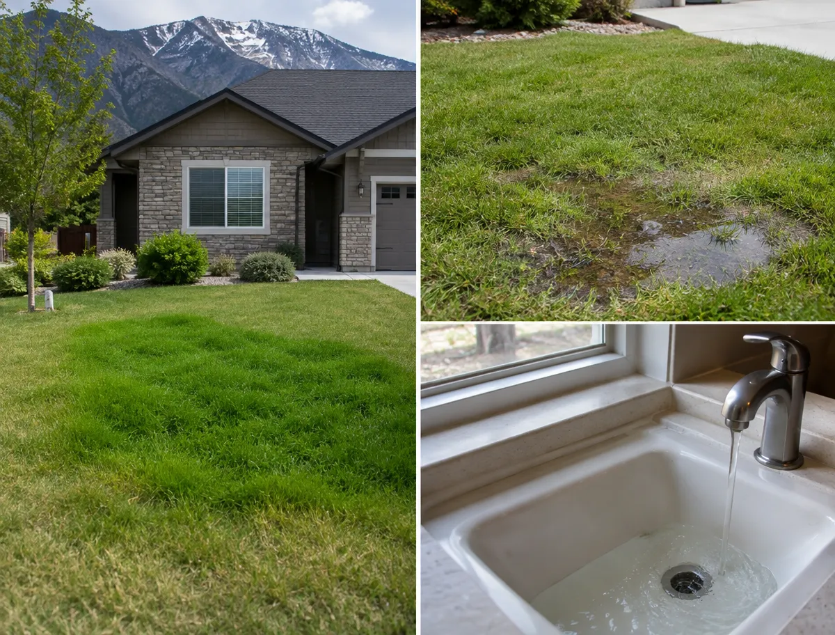 Three sewer line warning signs at a Utah home: a strip of unusually green, sunken lawn tracing the pipe route, a pooling wet patch in the grass near the driveway, and a sink draining slowly