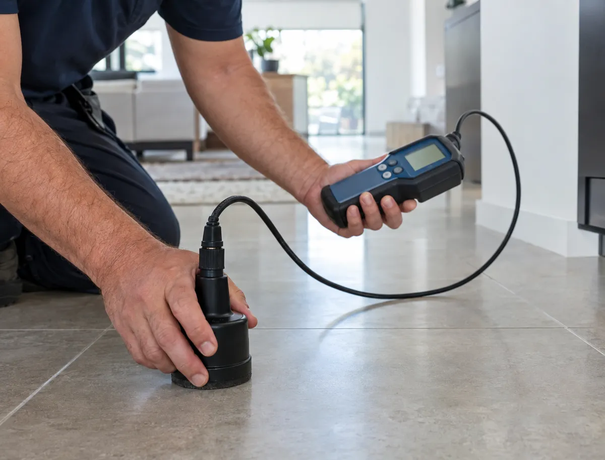 Technician kneeling on a tiled floor pressing an acoustic listening sensor against the slab while reading the handheld receiver in his other hand