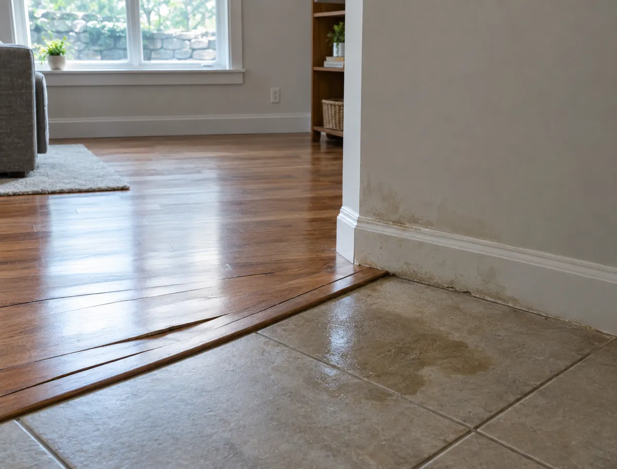Interior floor where hardwood boards have lifted and cupped at the threshold, a damp patch spreading across the adjoining tile and staining creeping up the wall and baseboard