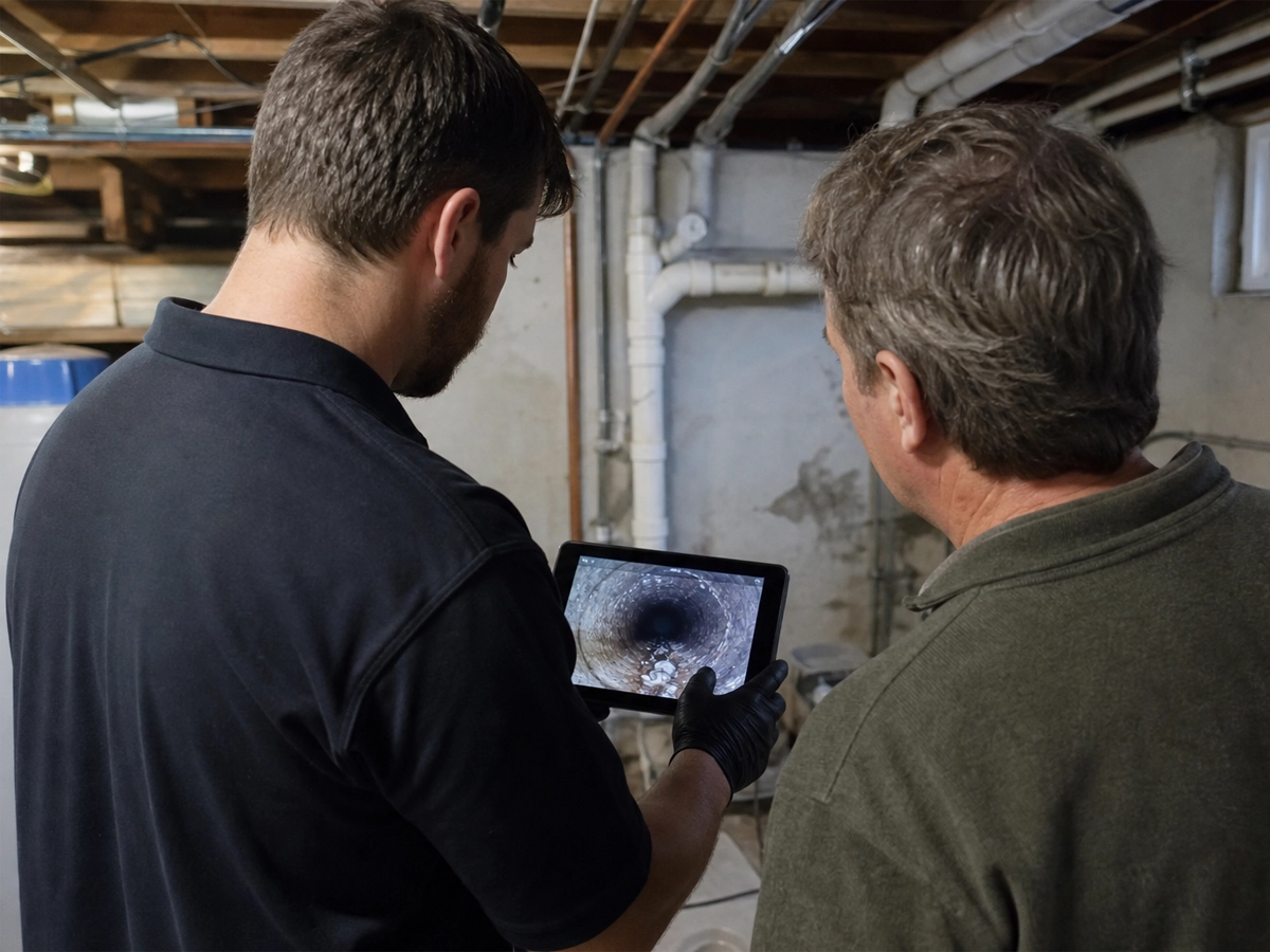 Rhino Rooter technician reviewing sewer camera footage with a homeowner in a basement