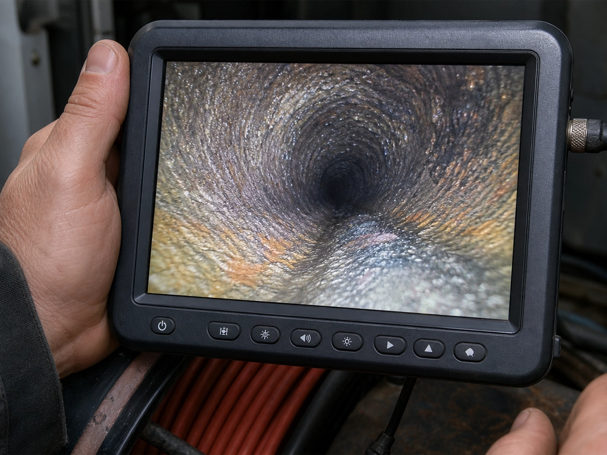 Sewer camera monitor showing tuberculation buildup inside an older cast iron pipe