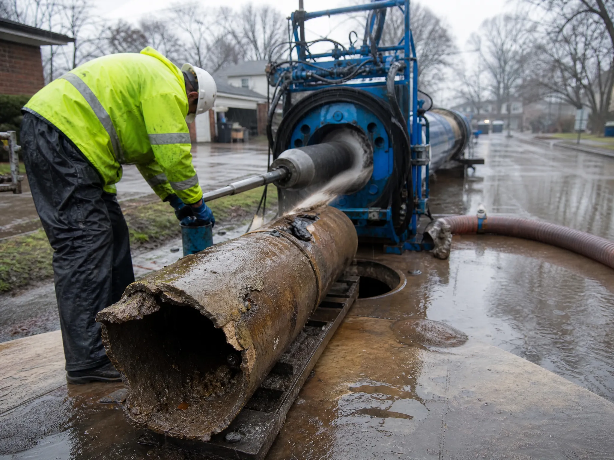 A CIPP liner feeding into a lawn cleanout beside an open trench that exposes the existing sewer line.