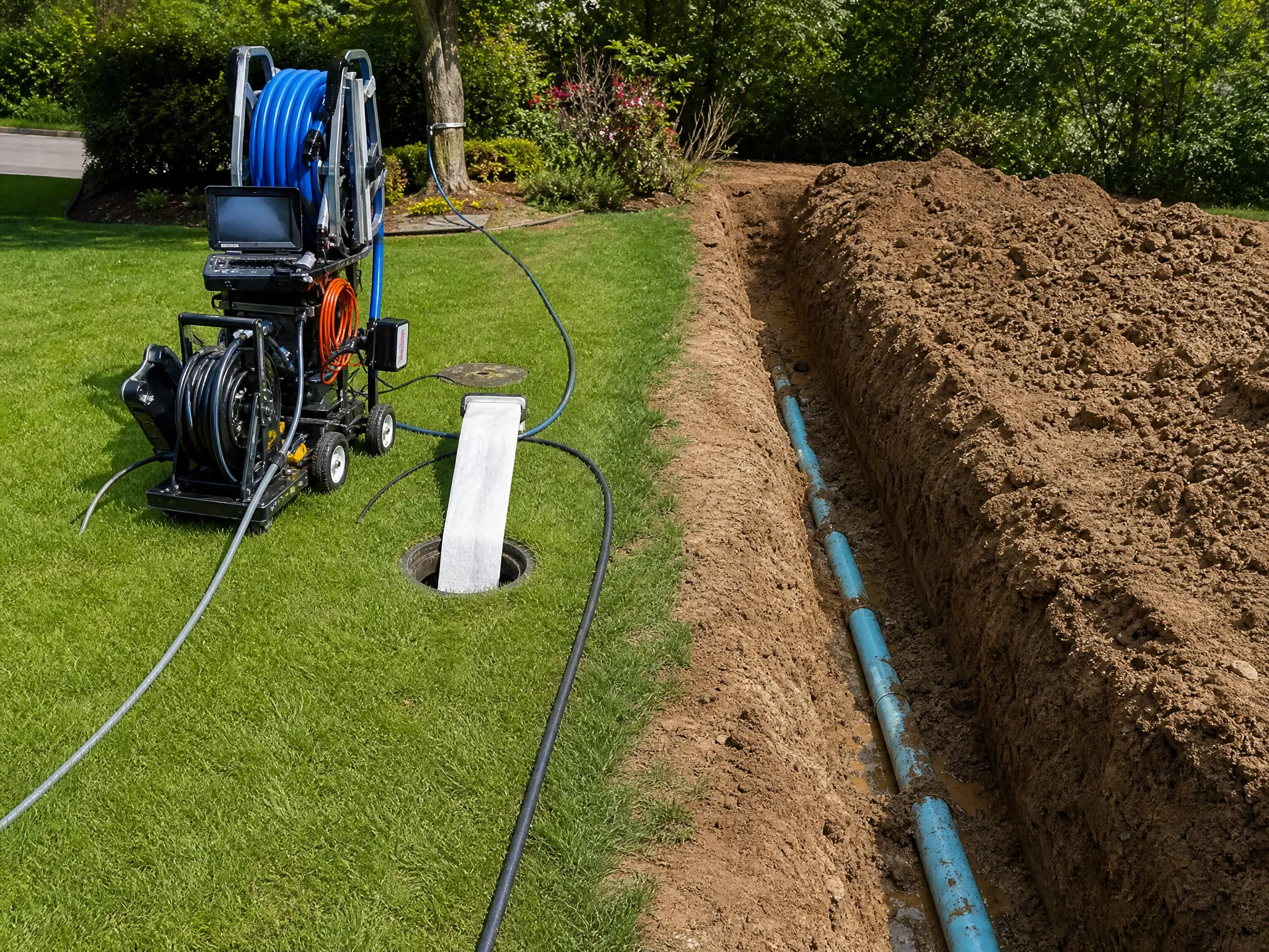 A Rhino Rooter crew member reaming a failed sewer pipe with a trenchless rig, the removed section of old pipe in the foreground.