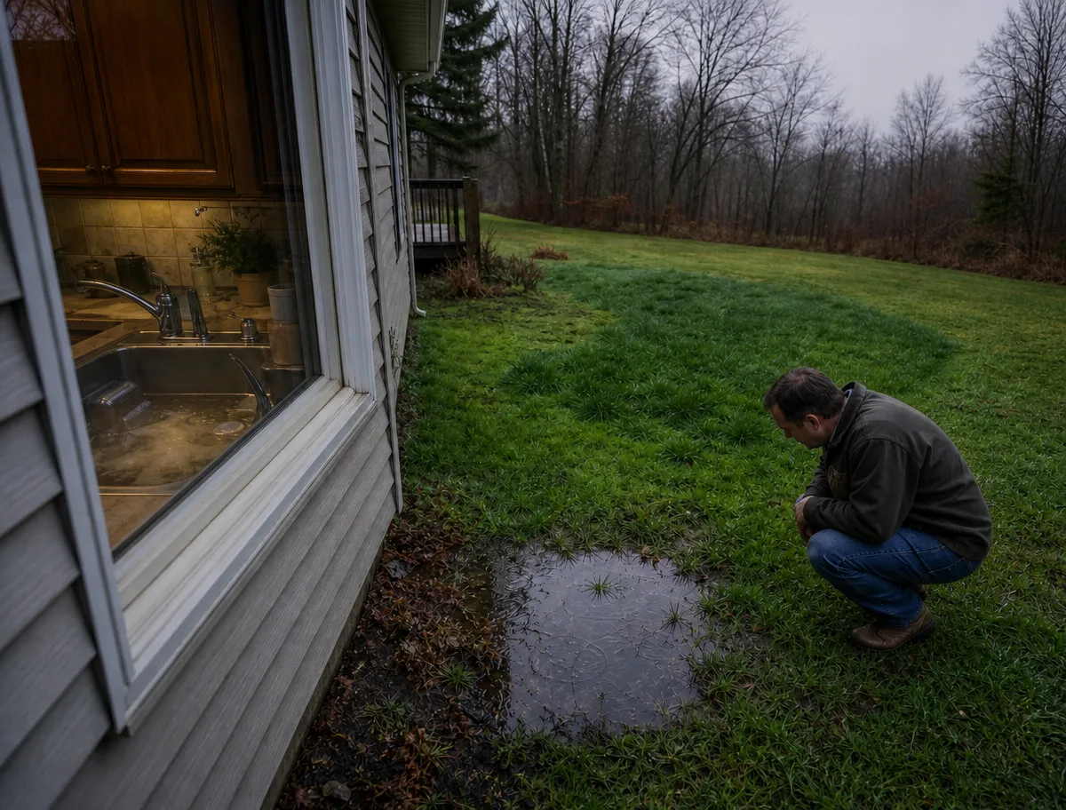 Homeowner crouched beside a soggy standing-water patch in the lawn, with a sink full of backed-up water visible through the kitchen window