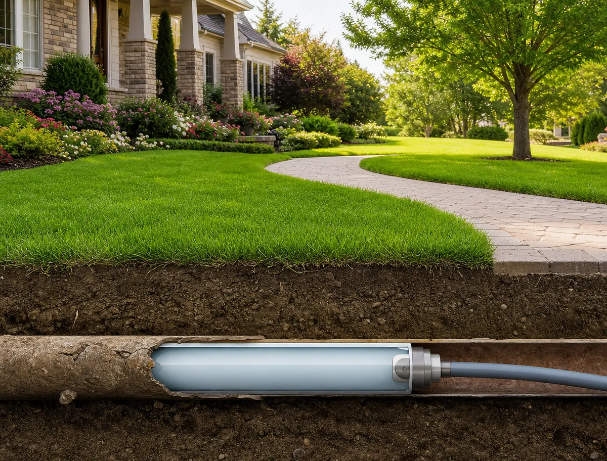 Cross-section showing an untouched lawn, flower beds and paver walkway above ground, with a new smooth liner being drawn through a cracked sewer pipe below