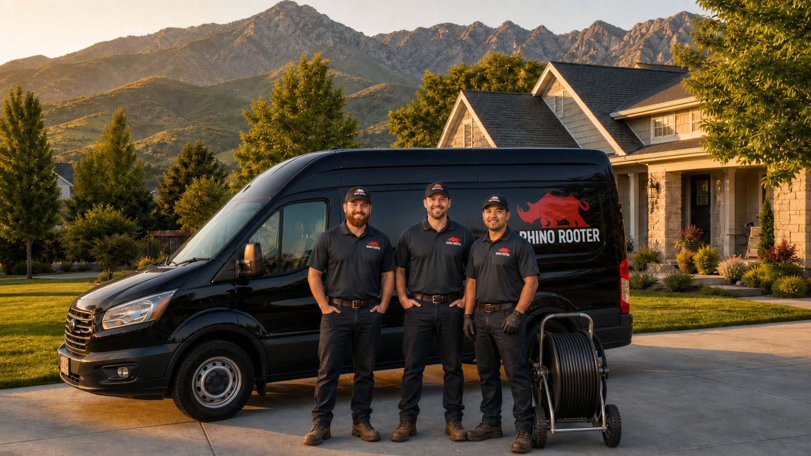 Rhino Rooter service truck and crew parked outside a Weber County home