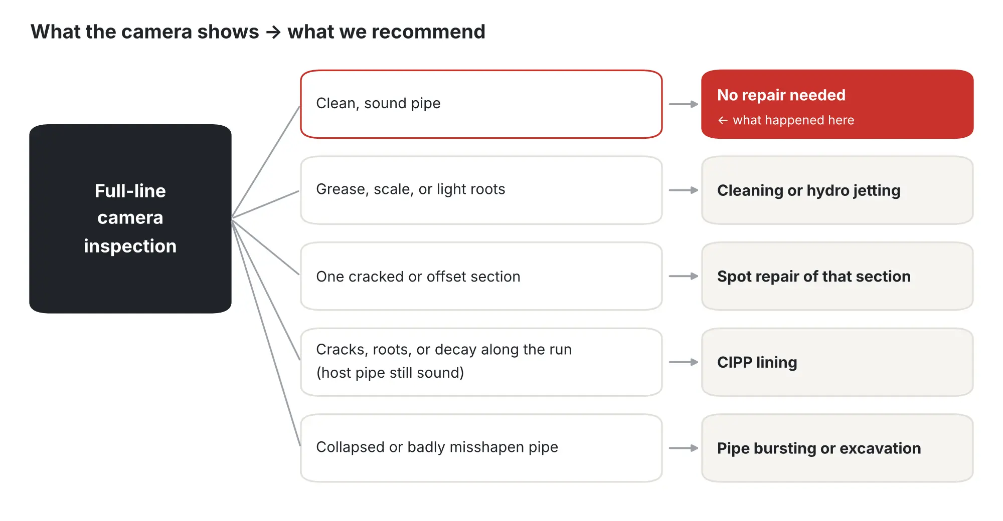 What a sewer camera inspection shows and the repair Rhino Rooter recommends for each finding
