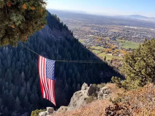 An American flag hangs over a valley, showing the pride and dedication Rhino Rooter brings to serving local communities.