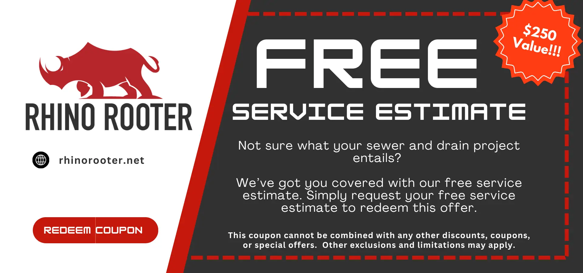 Rhino Rooter ad offering a free sewer repair estimate. Includes contact info, coupon offer, and exclusions details.