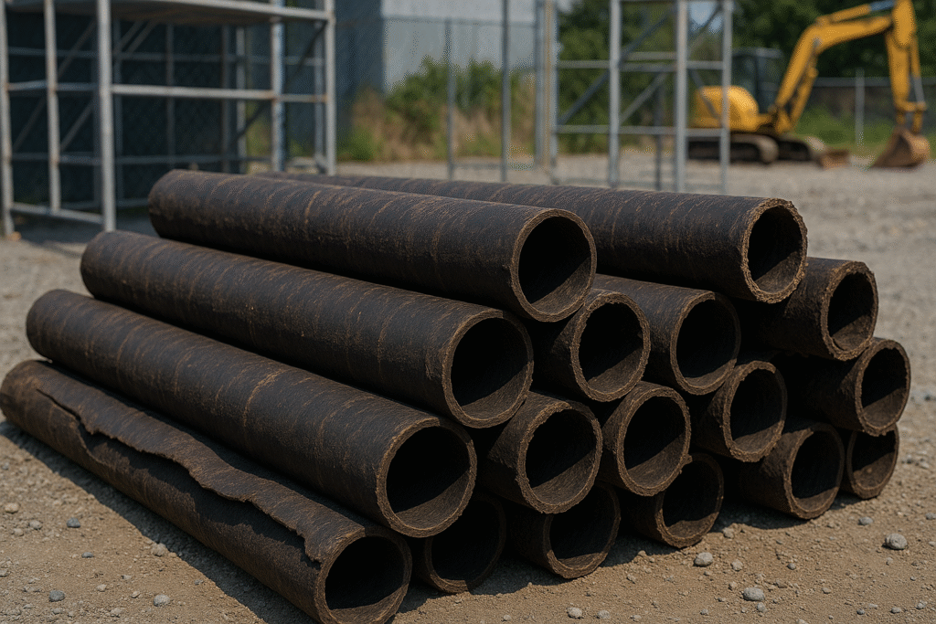 Rhino Rooter is doing sewer repair work at a construction site. Equipment and pipes show that the work is in progress.